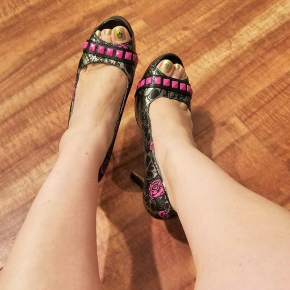 Iron Fist Pink Grey Black Fetish Heels Peep Toe 7 - Picture 13 of 15